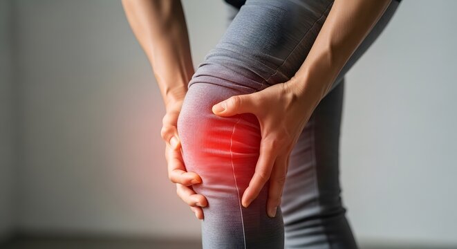 Close up of hands holding a painful knee joint in grey leggings. Fitness injury and rehabilitation. Person suffering from ligament strain during workout session