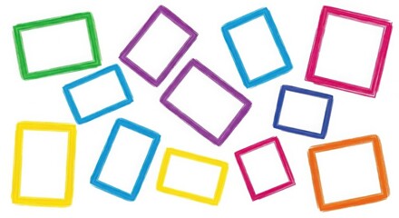 Collection of colorful hand-drawn rectangular and square frames in various bright colors, perfect for photos and design.
