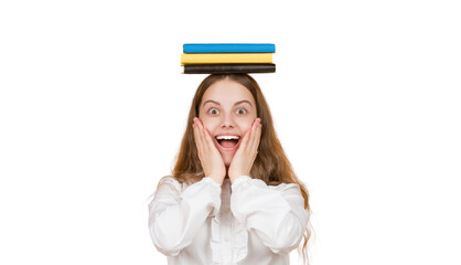 Surprised student get knowledge isolated on white. Girl self study. Back to school. Reading education. Knowledge and education. Teen girl reading school book. Read book. Literature education