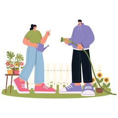 Spring Season Illustration. Vector illustration of Two people watering plants in a home garden, illustrating cooperation, care, and sustainable living. Isolated on background