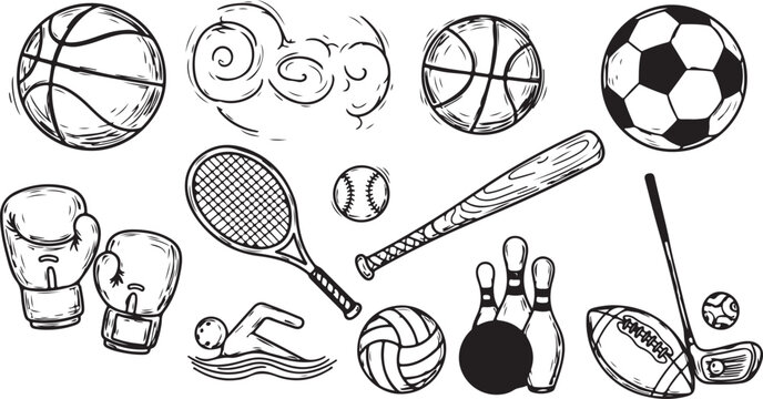 Collection of Hand Drawn Sports and Activity Icons in Black and White soccer ball baseball outline icons pack. 