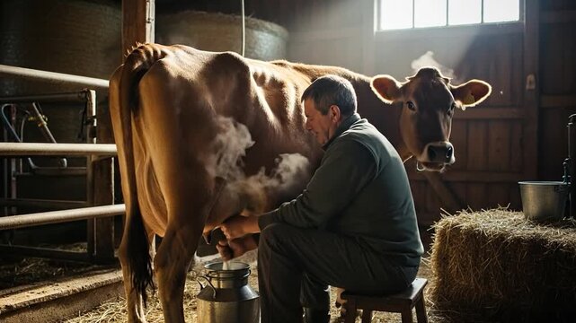 Farmer Hand-Milking Jersey Cow in Traditional Barn