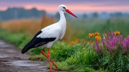 Fototapeta premium White stork walking in meadow with wildflowers