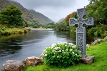 Celtic cross standing in green Irish landscape