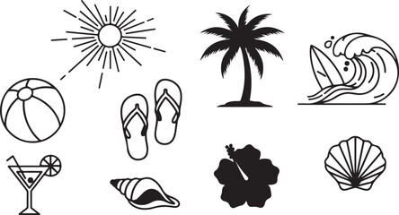 Obraz premium Summer beach vacation icon set. Tropical holiday travel elements. Vector cartoon cocktail drink, sun hat, palm tree on island, lounge chair at sunset ocean 