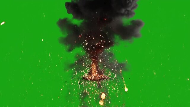 Apocalyptic Cloud on Green: Witness the raw, destructive power of an epic blast as a towering cloud of smoke and fire ascends against the vibrant backdrop.