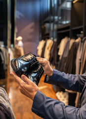 Classic leather shoes for formal look. Formal shoe. Leather footwear. Mature man in trendy store hold classic shoe. Shoe store. Business man choose elegant footwear in shoes store. Urban menswear