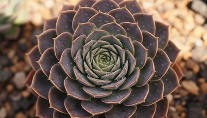 Overhead macro shot of a succulent plant with layered petals in shades of purple and green