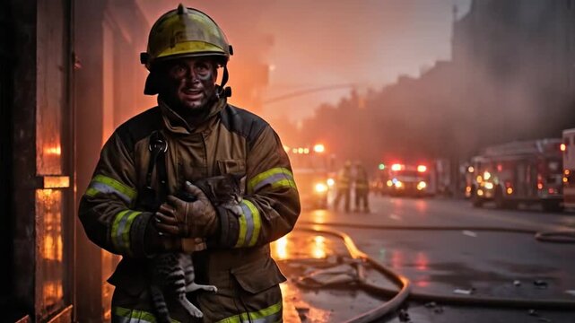 Firefighter rescues cat from smoky street scene