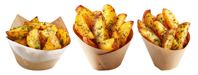 Batata Harra spicy potato wedges seasoned with herbs, garlic, chili served in brown paper cone,...