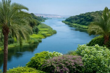 Fototapeta premium Nile River flowing through lush green landscape in Egypt