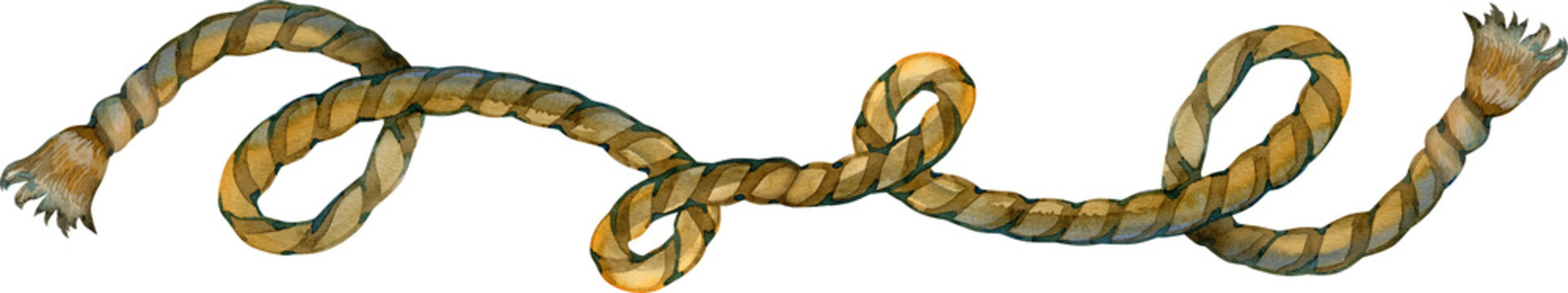 Versatile watercolor illustration of a single natural rope, subtly curved. Hand-painted organic design asset perfect for adding a rustic or handmade feel to various creative projects.