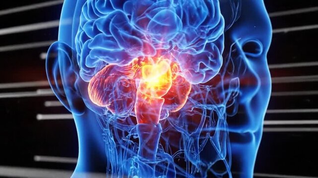 Medical visualization of the human brain highlighting the pituitary gland and surrounding structures.