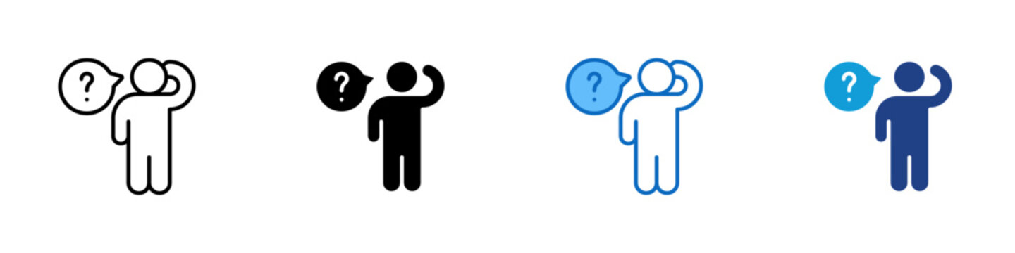 Uncertainty Multiple Style Icon Design Vector - Person scratching head with question mark, representing doubt, confusion, and decision uncertainty