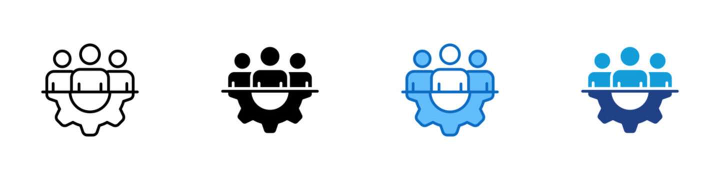 Team Management Multiple Style Icon Design Vector - Group of people integrated with gear, representing teamwork, coordination, and organizational control