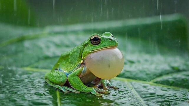 Frog croaking with expanded throat sac during rain