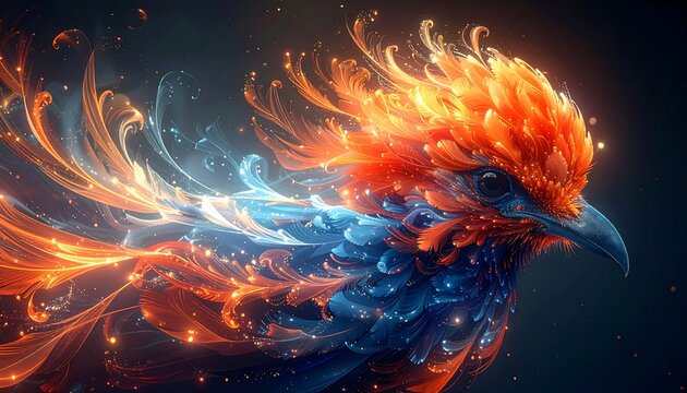 A vibrant phoenix with fiery mane and glowing feathers
