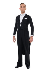 Ballroom dancer dancing waltz. Man dancing waltz. Professional ballroom dancer in tux. Dancing waltz formalwear. Dancer of ballroom dance. Sport dance. Dance guy isolated on white