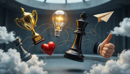Strategic chess pieces with trophy, lightbulb and heart representing success, innovation and passion concept