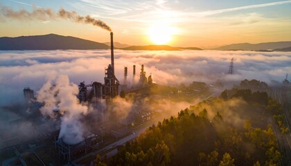 An orange sunrise glows over the river and lake as industrial factory chimneys release smoke into the morning sky, creating a silhouette of the city power plant amidst environmental smog