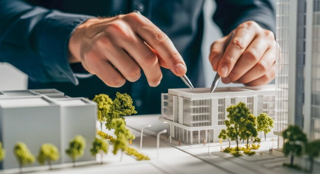 close up of an architect's hands using pens to point at a detailed white architectural scale model of a modern building