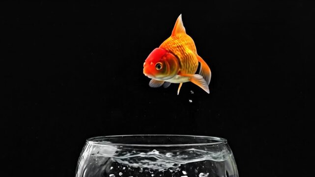 Goldfish jumping out of a bowl with water splash crown