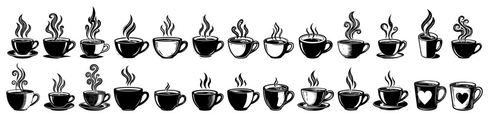 Obraz premium Collection of small vintage engraved coffee and tea cups with hot steam