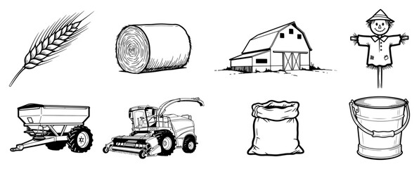 Rustic farming landscape elements including barn and combine harvester © Aisha Kudorova