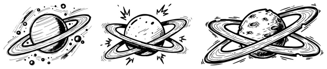 Hand drawn sketch of planets with rings and stars in outer space © Aisha Kudorova