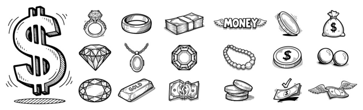 hand drawn sketch icons of money and wealth symbols including dollar sign
