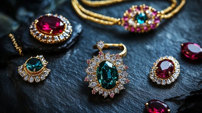 Gold jewelry set with colorful gemstones on display