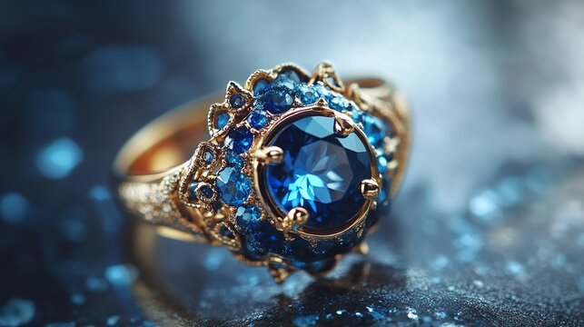 Elegant sapphire and blue topaz jewelry ring on reflective surface, luxury gemstone accessory, fine jewelry close-up