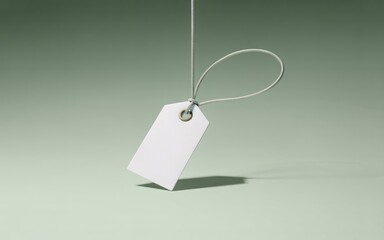 Blank White Rectangular Tag Hanging by String on Light Green Background image photo