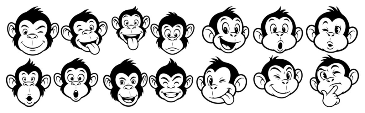 Set of cute cartoon monkey faces with different emotional expressions
