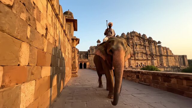 Majestic elephant with mahout walking on stone rampart path at ancient sandstone Amer Fort in Jaipur, Rajasthan, India, during golden hour, low angle view