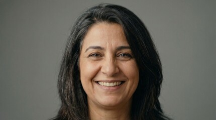 Close-up of a middle-aged Arab woman's face without a hijab on an isolated gray background.
