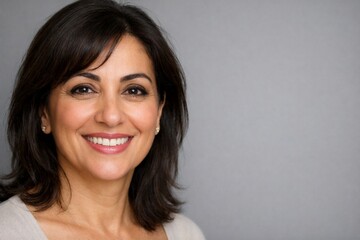 Close-up of a middle-aged Arab woman's face without a hijab on an isolated gray background.