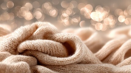 Beige Knit Fabric Texture with Bokeh Background in Warm Tones Macro Shot Soft Focus Neutral Color Textile Surface with Elegant and Cozy Aesthetic