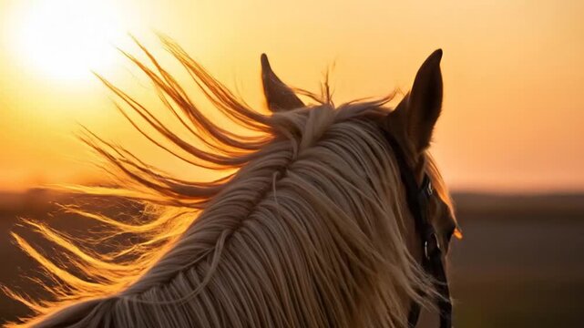 Horse mane blowing in slow motion wind at sunset