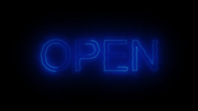 Neon blue open sign glows brightly in dark room creating futuristic and inviting atmosphere footage