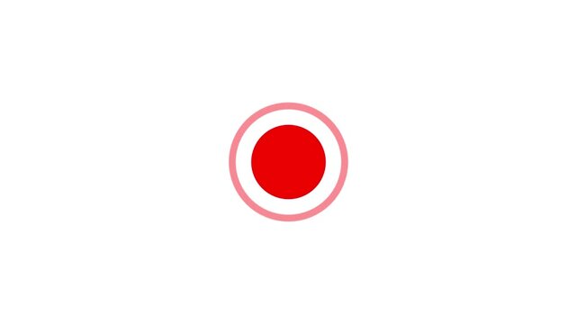 Red record button pulsing with light rings on white background for recording concept