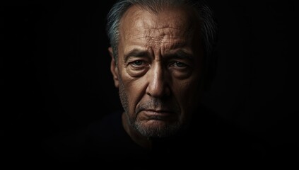 Fototapeta premium A somber portrait of an older man against a dark backdrop.jpeg