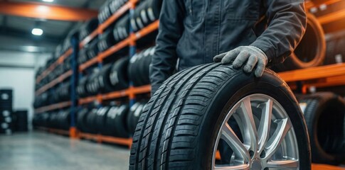Close-up of a mechanic in a uniform and gloves rolling a new car tire with an alloy rim in a warehouse storage facility or auto repair shop with shelves.