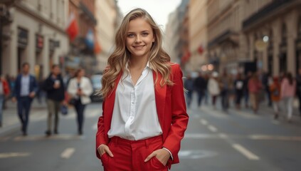 Blonde girl wearing a white top, red trousers, and a red jacket on the sidewalk.jpeg