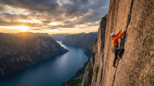 Adventurous rock climber ascending a sheer mountain cliff with a breathtaking view of a fjord and river canyon during golden hour sunset.