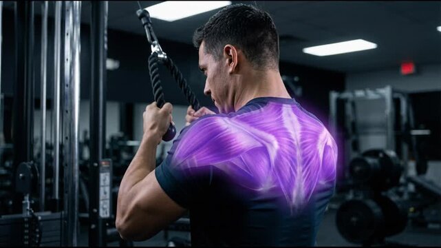 Fit Man Performing Cable Triceps Pushdowns in Gym with Animated Muscle Highlight Showing Back and Shoulder Engagement