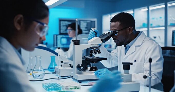 Scientists conducting research in a modern laboratory, analyzing samples with microscopes