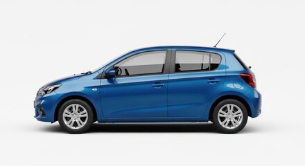Modern blue hatchback car on white studio background