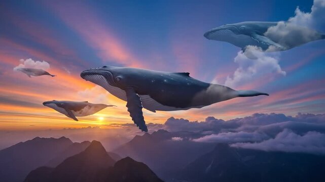 Whales Swimming In The Sky Above Mountains Surreal Dreamscape