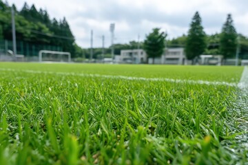Close Up Of Green Grass Field With White Line Markings Near Forest Edge Under Overcast Sky In Daytime Outdoor Scene At Ground Level